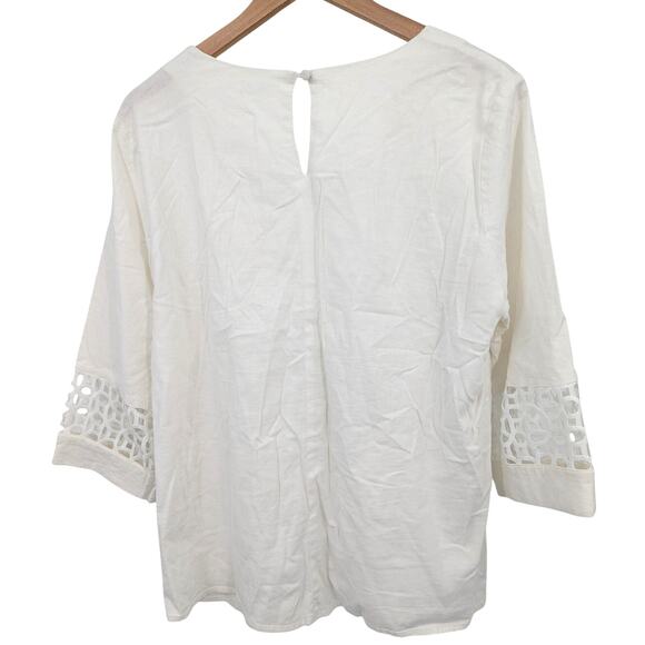 Preston & York Linen Blend White Blouse Women’s Size 10 Lace Trim 3/4 Sleeve - Picture 2 of 5
